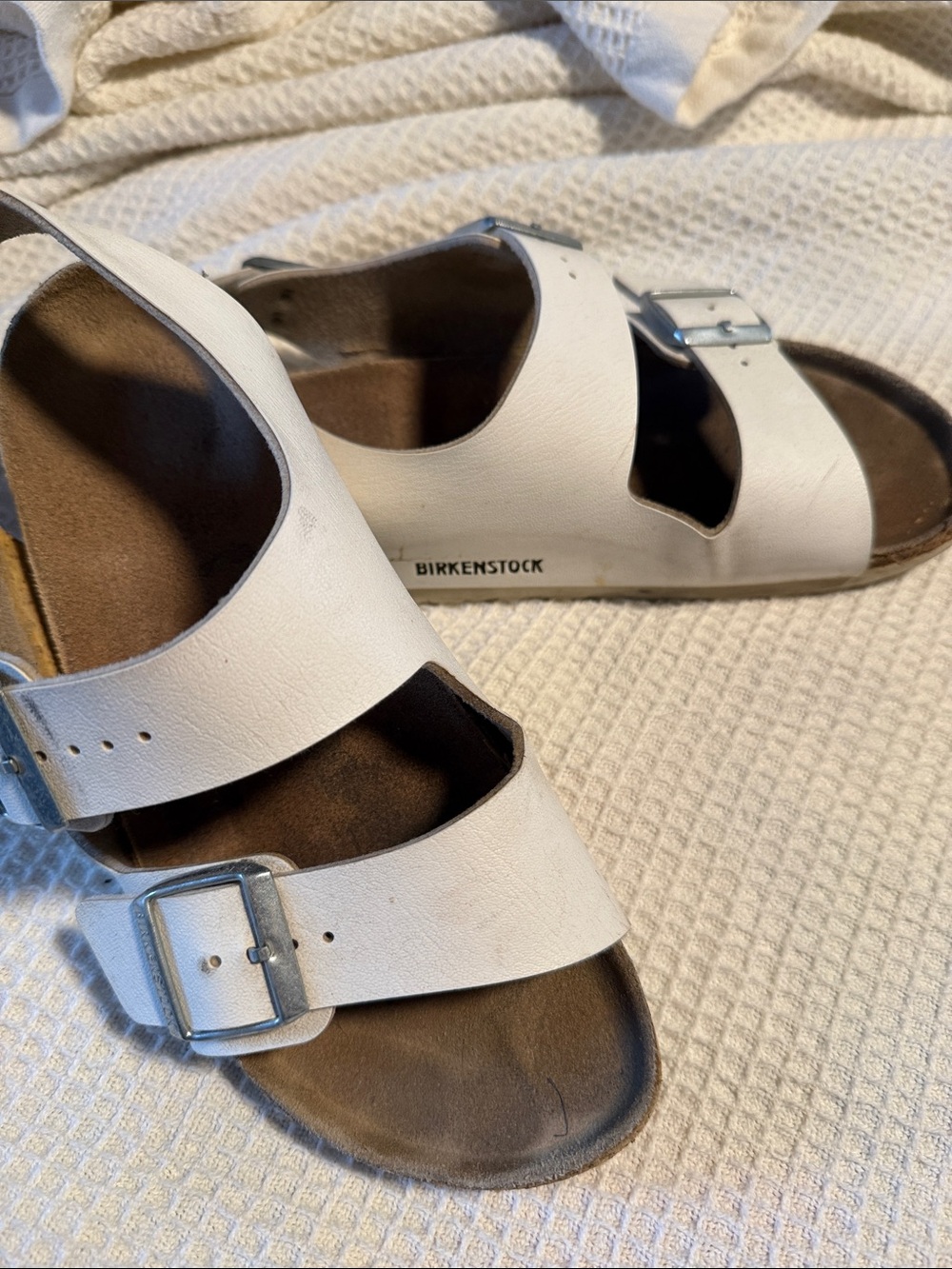 Birkenstock White Arizona Double Strap Sandals with Silver Buckles